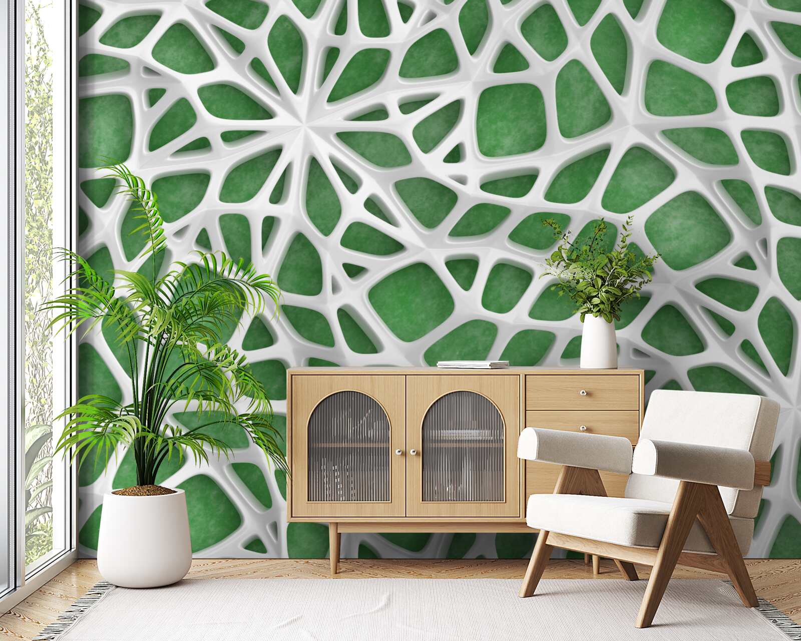 Papier peint sur un fond vert, une grande toile d'araignée blanche