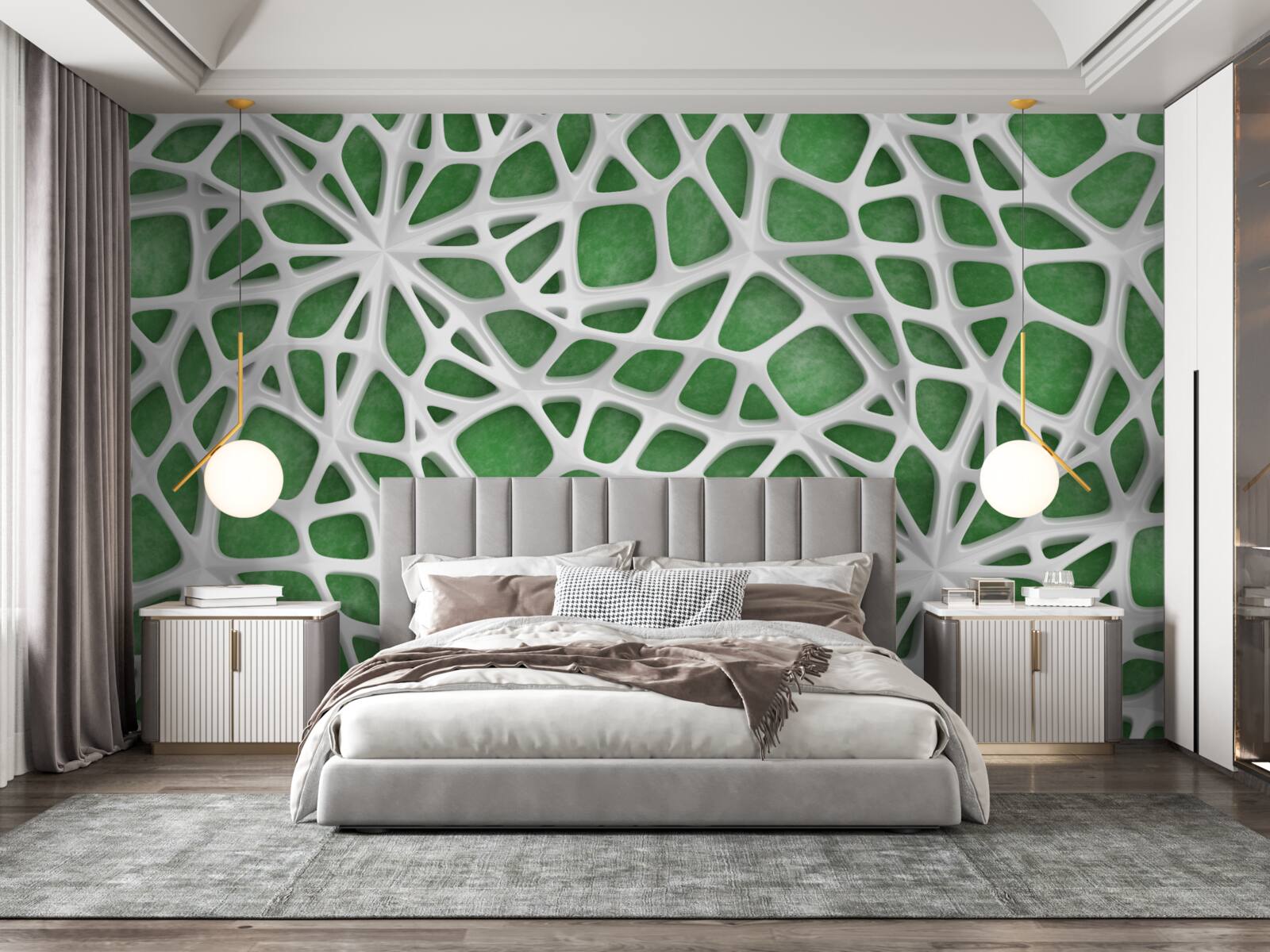 Papier peint sur un fond vert, une grande toile d'araignée blanche