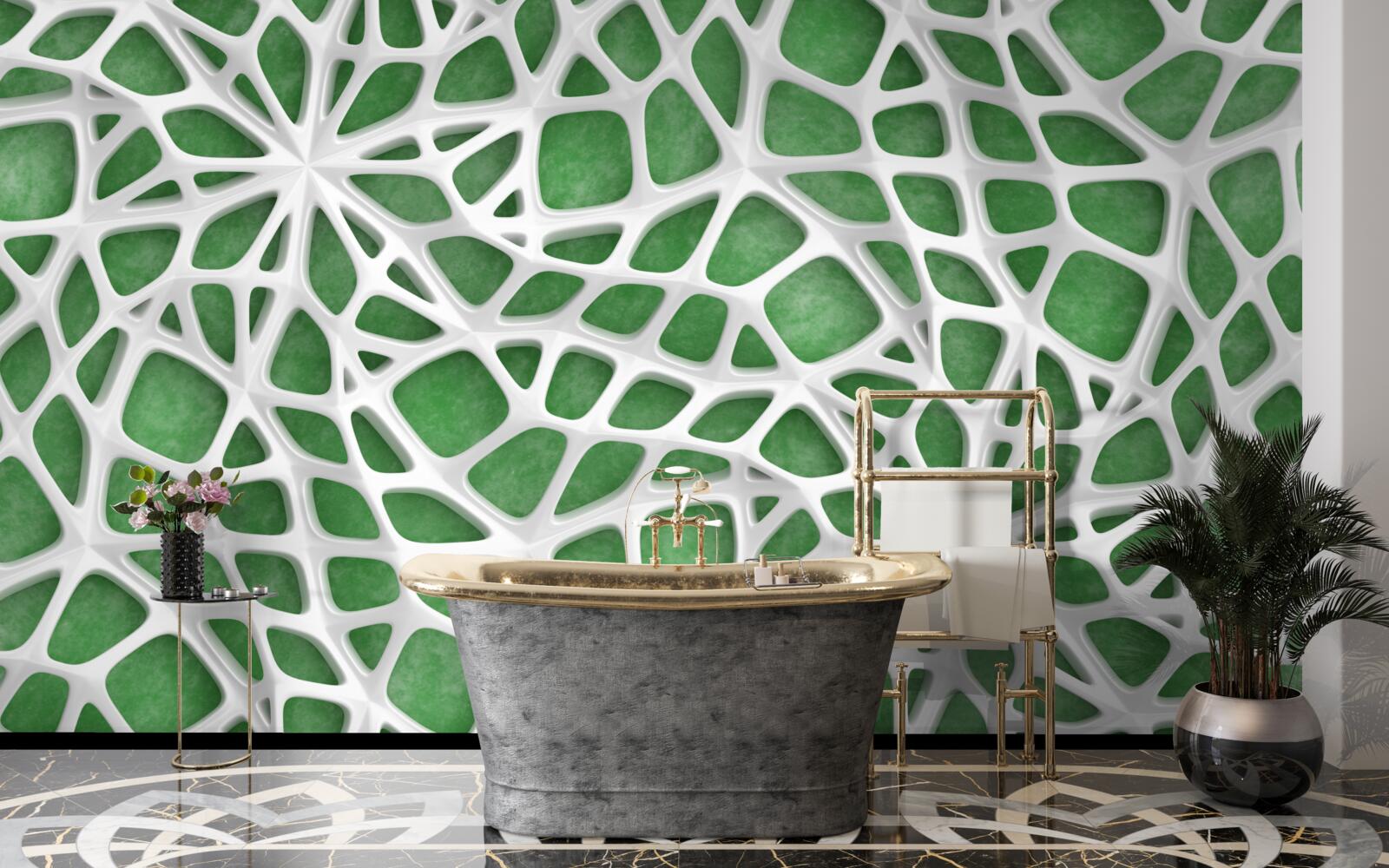 Papier peint sur un fond vert, une grande toile d'araignée blanche