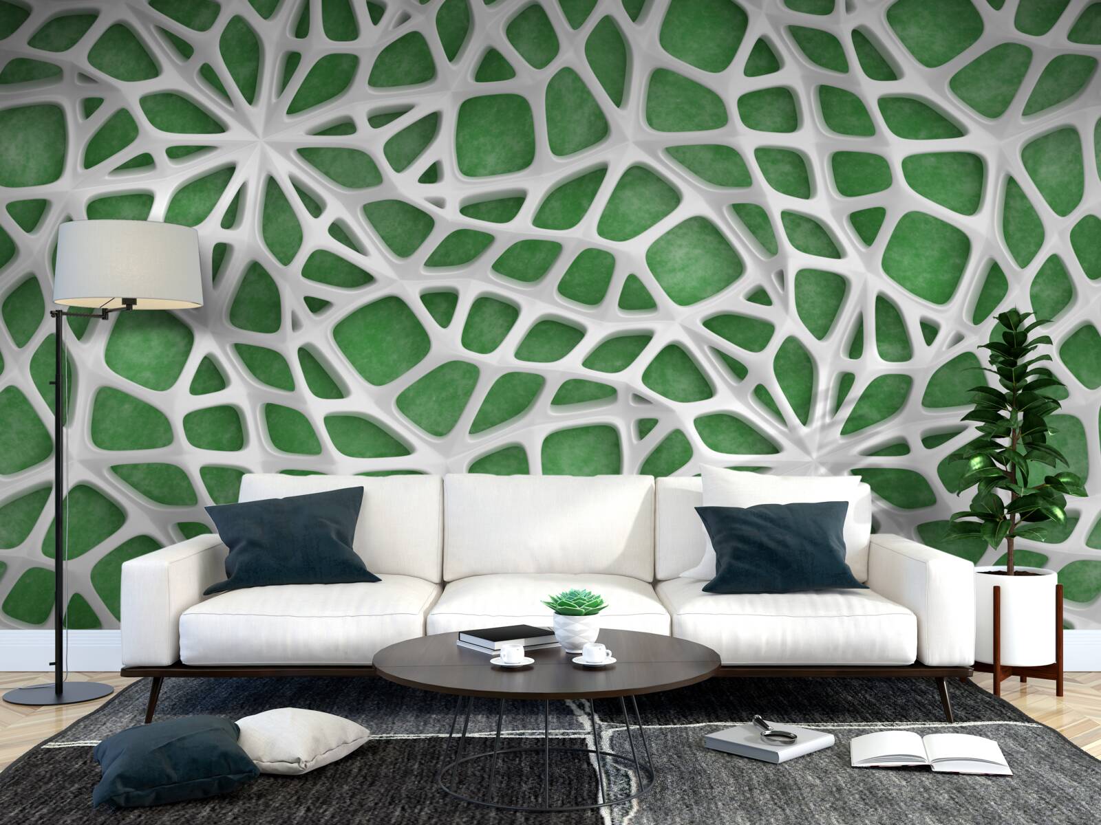 Papier peint sur un fond vert, une grande toile d'araignée blanche