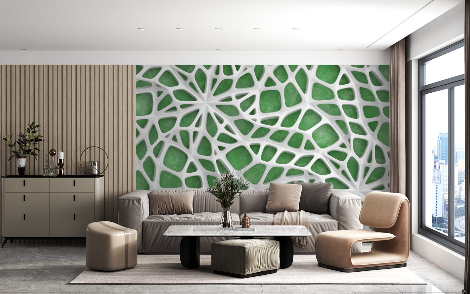 Papier peint sur un fond vert, une grande toile d'araignée blanche