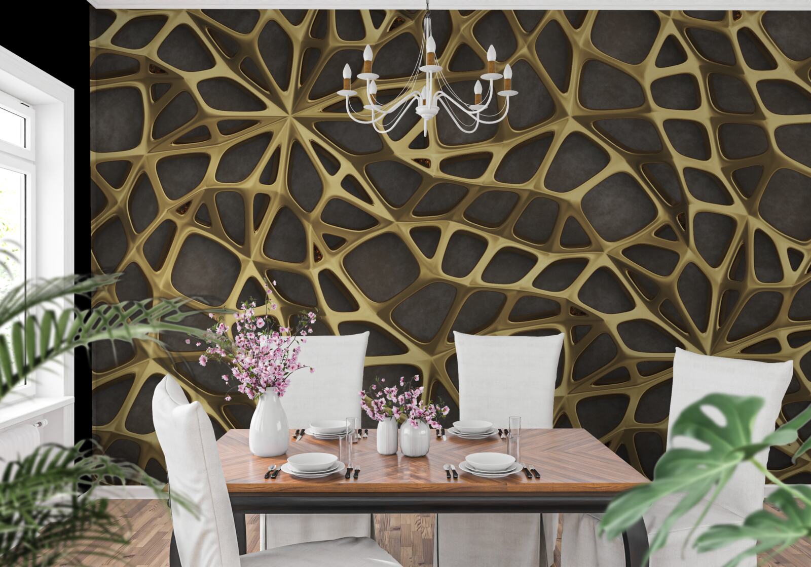 Papier peint le réseau est doré sur fond brun