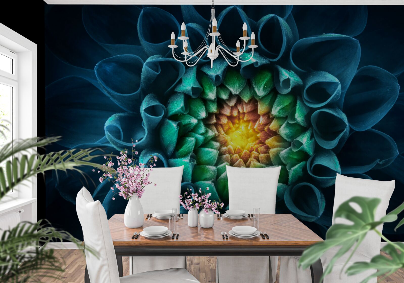 Papier peint style abstrait bourgeon de pivoine bleue