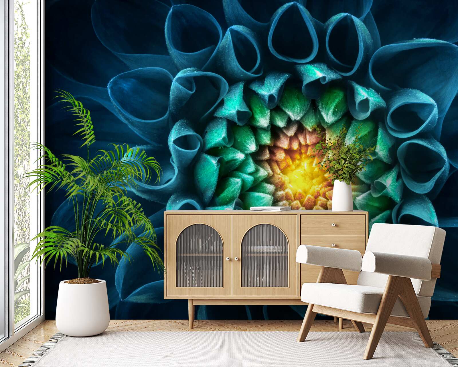 Papier peint style abstrait bourgeon de pivoine bleue