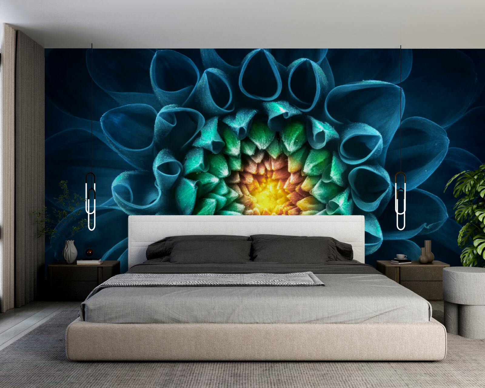 Papier peint style abstrait bourgeon de pivoine bleue