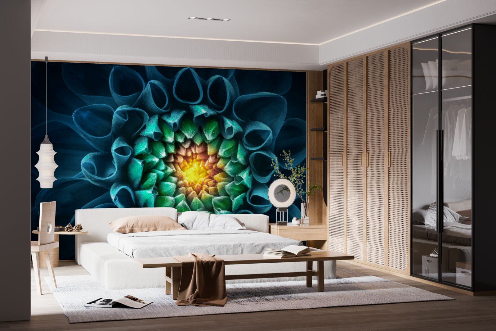 Papier peint style abstrait bourgeon de pivoine bleue