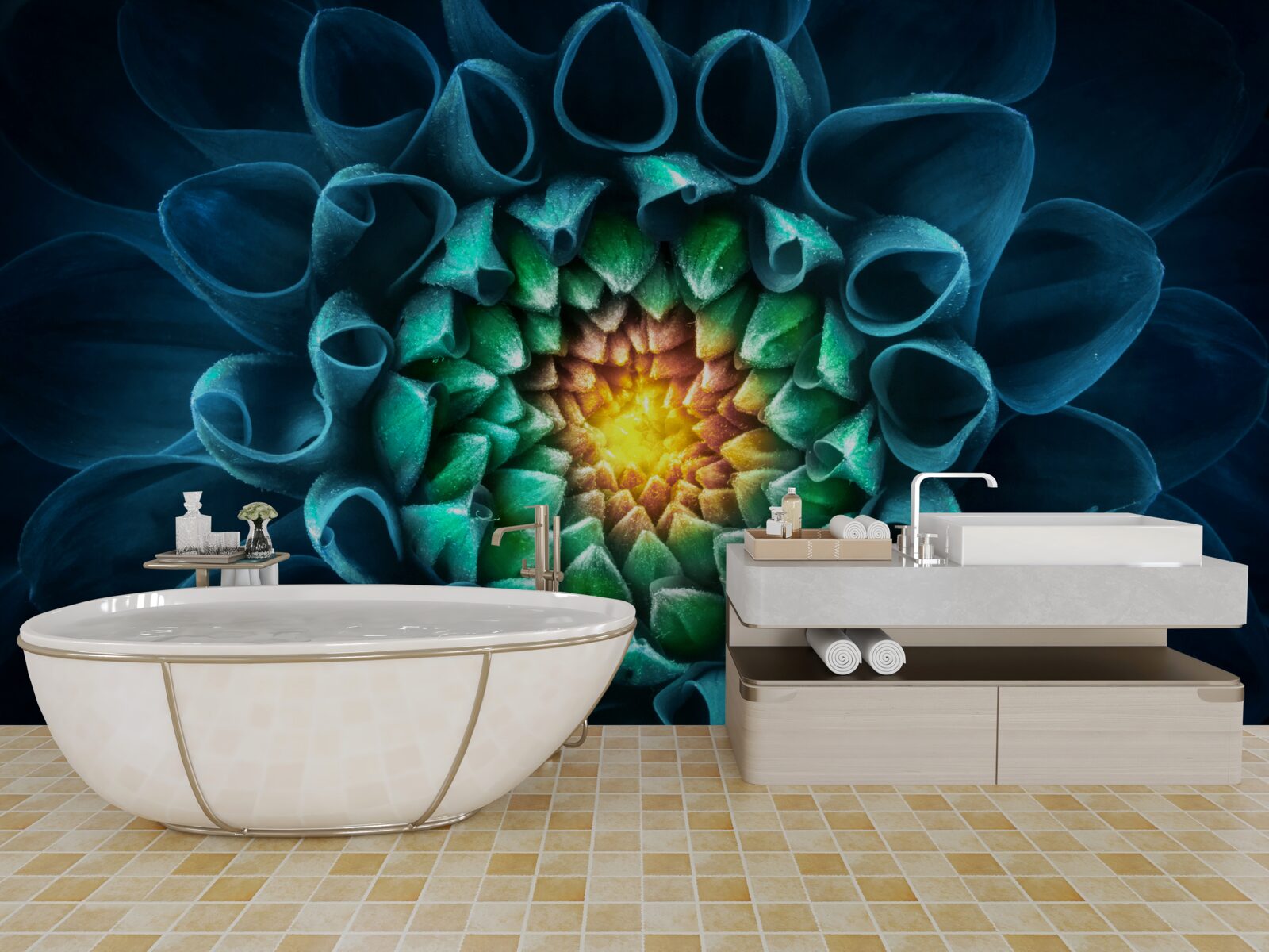 Papier peint style abstrait bourgeon de pivoine bleue