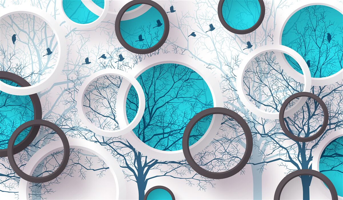 Papier peint cercles et arbres turquoise