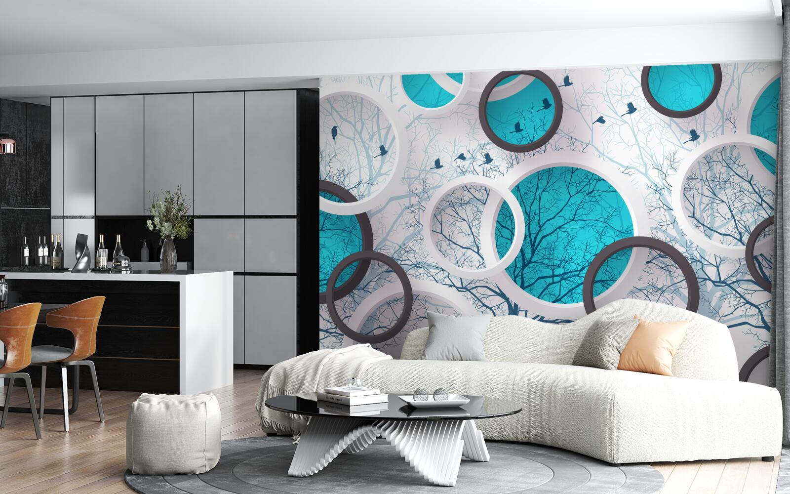 Papier peint cercles et arbres turquoise