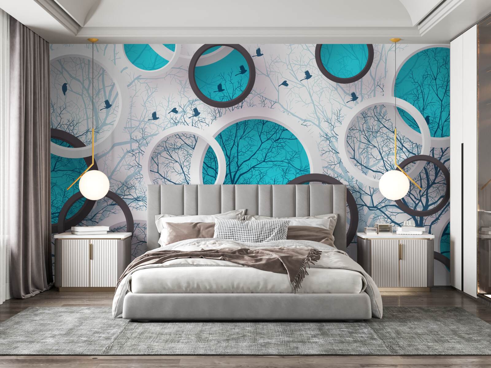 Papier peint cercles et arbres turquoise