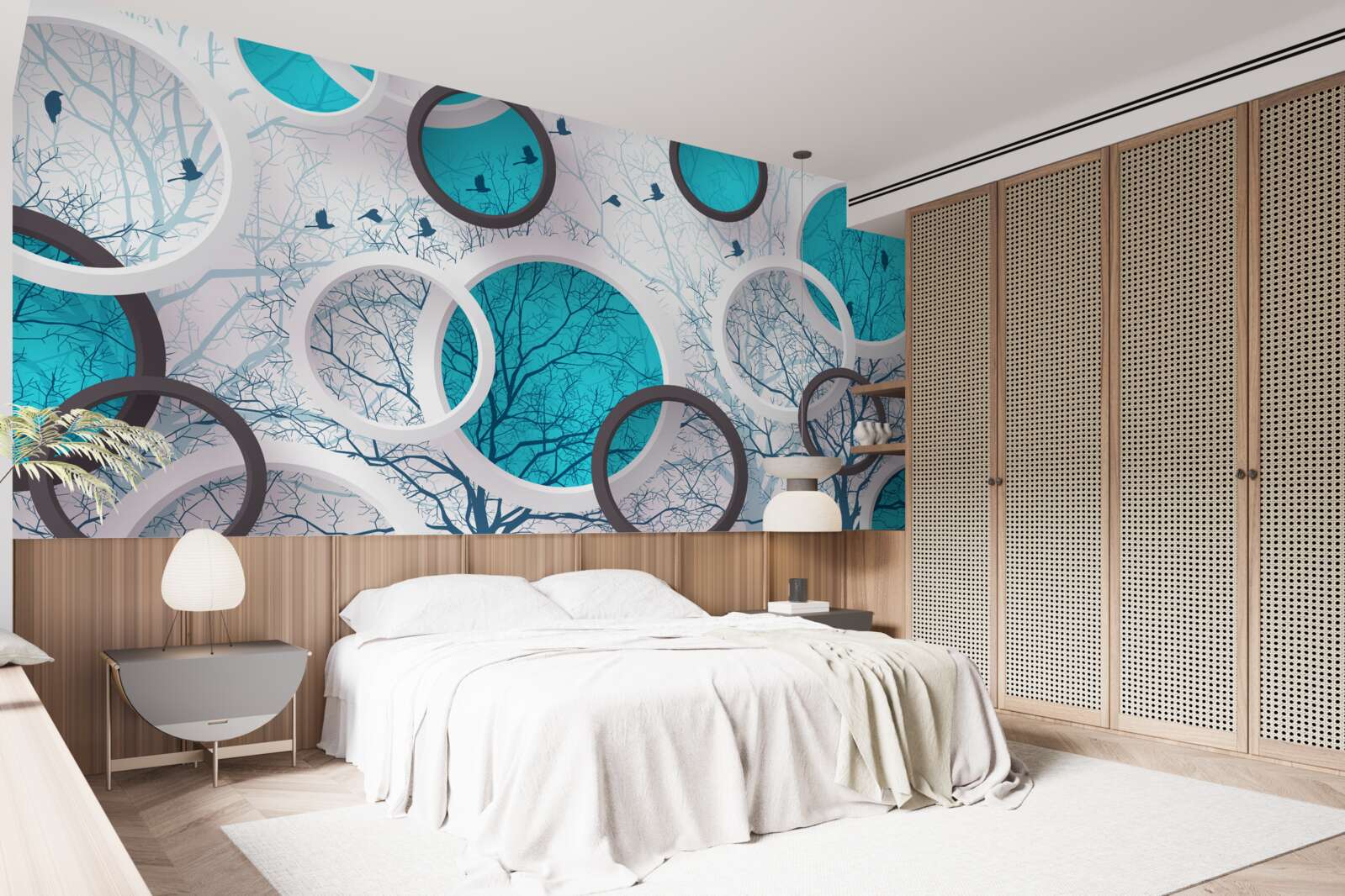 Papier peint cercles et arbres turquoise