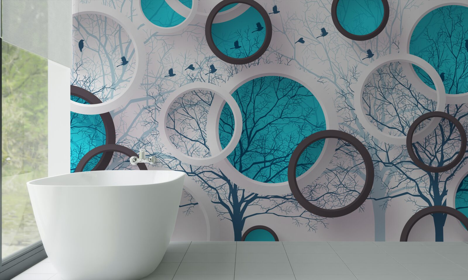 Papier peint cercles et arbres turquoise