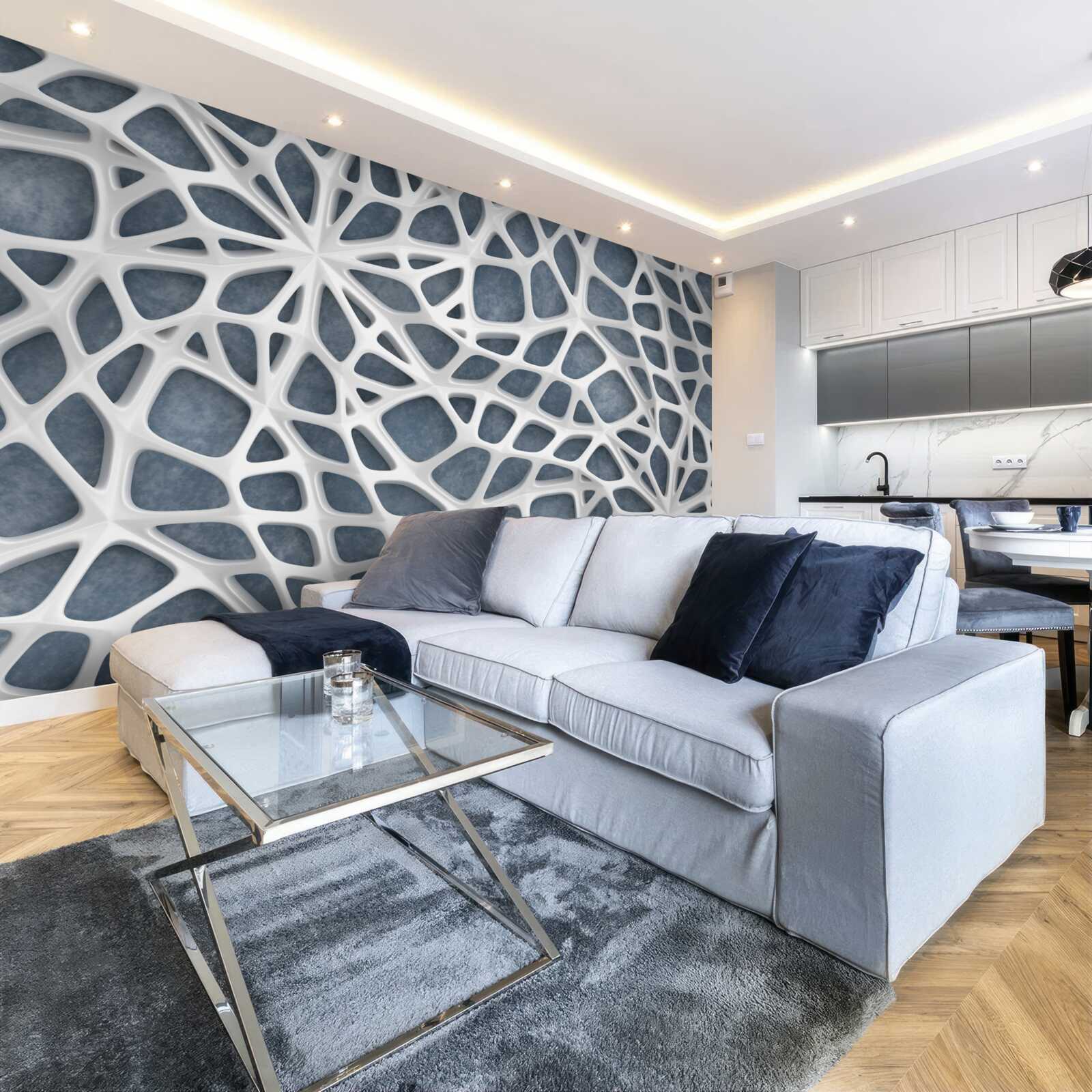 Papier peint dentelle blanche sur fond bleu