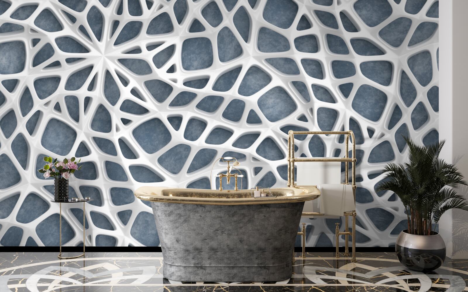 Papier peint dentelle blanche sur fond bleu