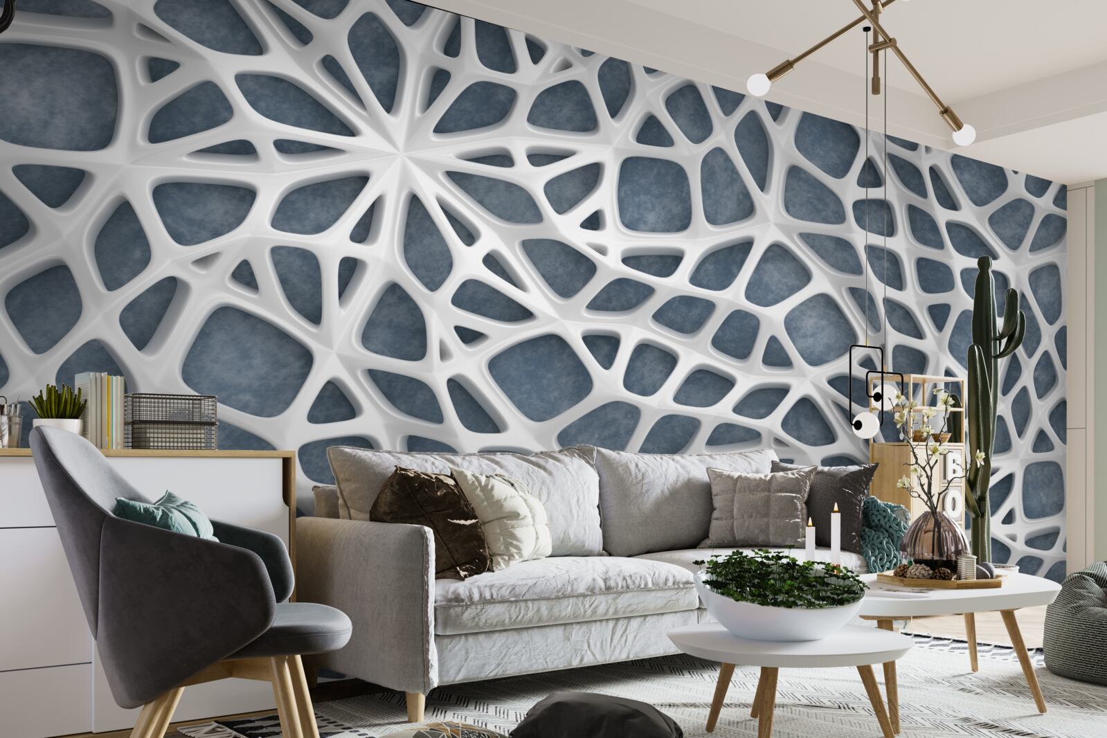 Papier peint dentelle blanche sur fond bleu