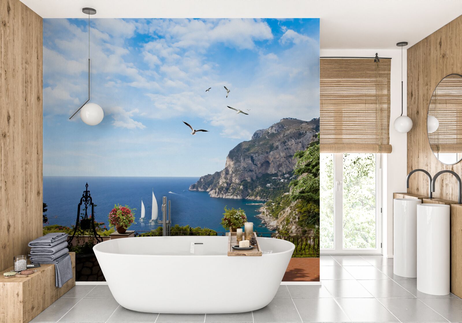 Papier peint l'océan et les montagnes dans le paysage