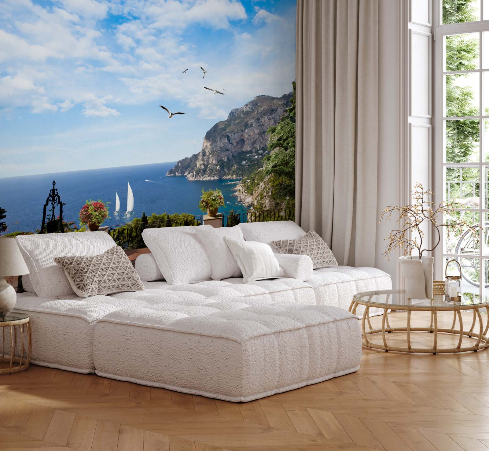 Papier peint l'océan et les montagnes dans le paysage