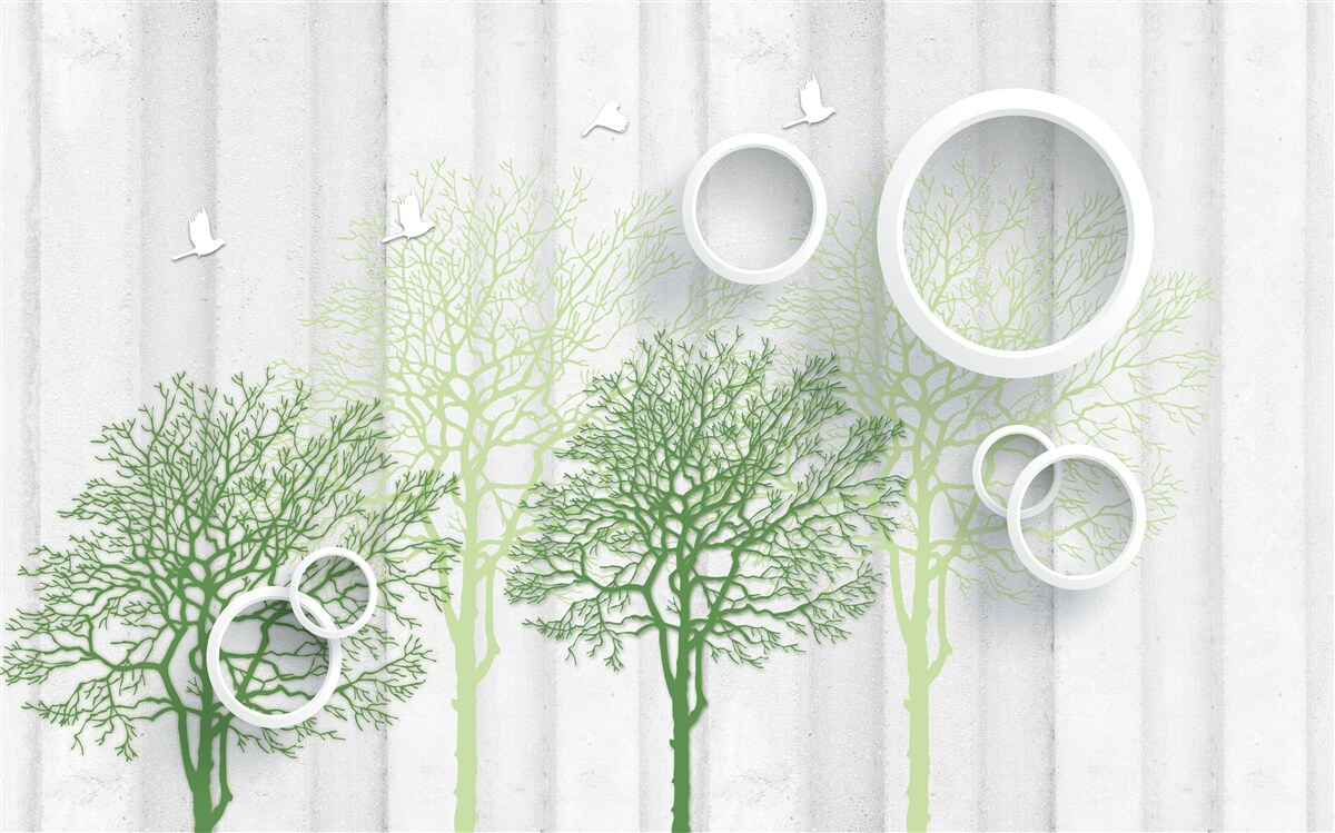 Papier peint des arbres élancés aux feuilles vertes et aux cercles blancs comme neige