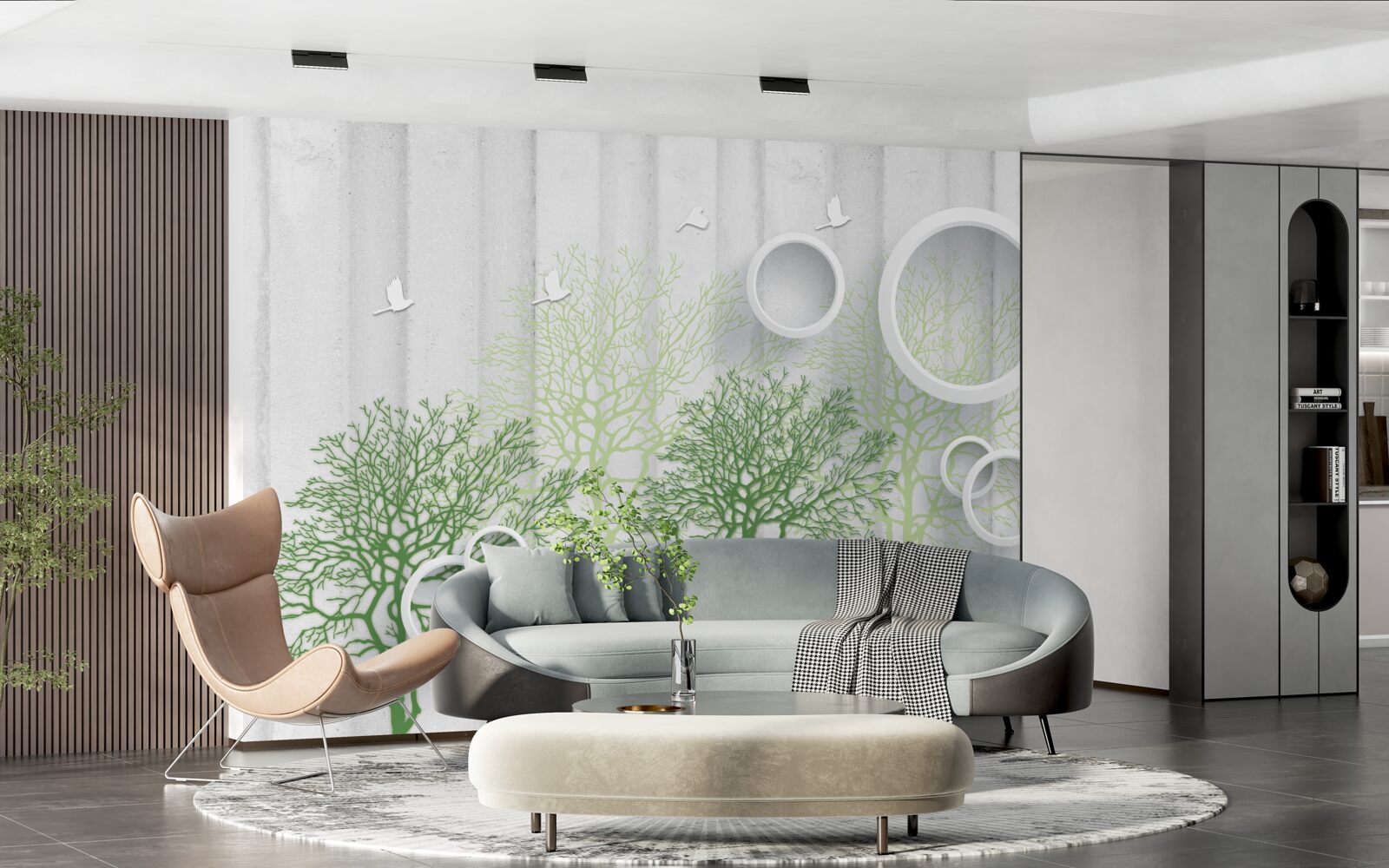 Papier peint des arbres élancés aux feuilles vertes et aux cercles blancs comme neige