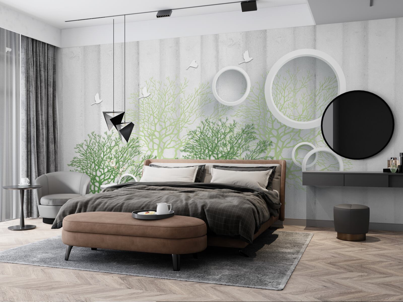 Papier peint des arbres élancés aux feuilles vertes et aux cercles blancs comme neige