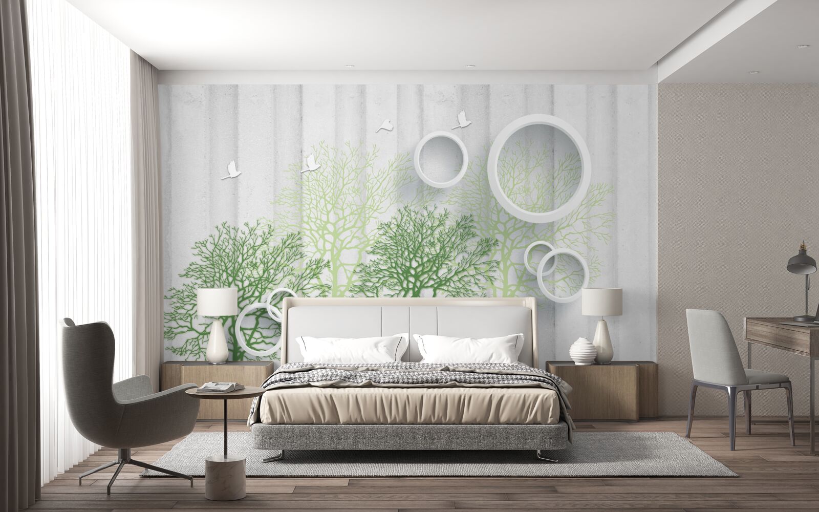 Papier peint des arbres élancés aux feuilles vertes et aux cercles blancs comme neige