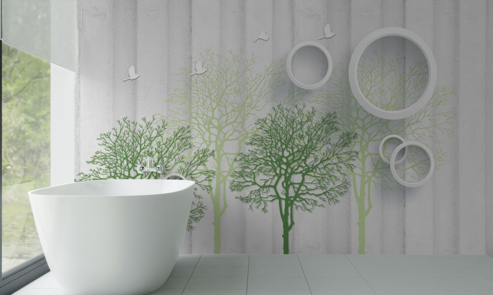 Papier peint des arbres élancés aux feuilles vertes et aux cercles blancs comme neige