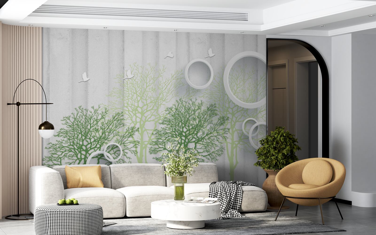 Papier peint des arbres élancés aux feuilles vertes et aux cercles blancs comme neige