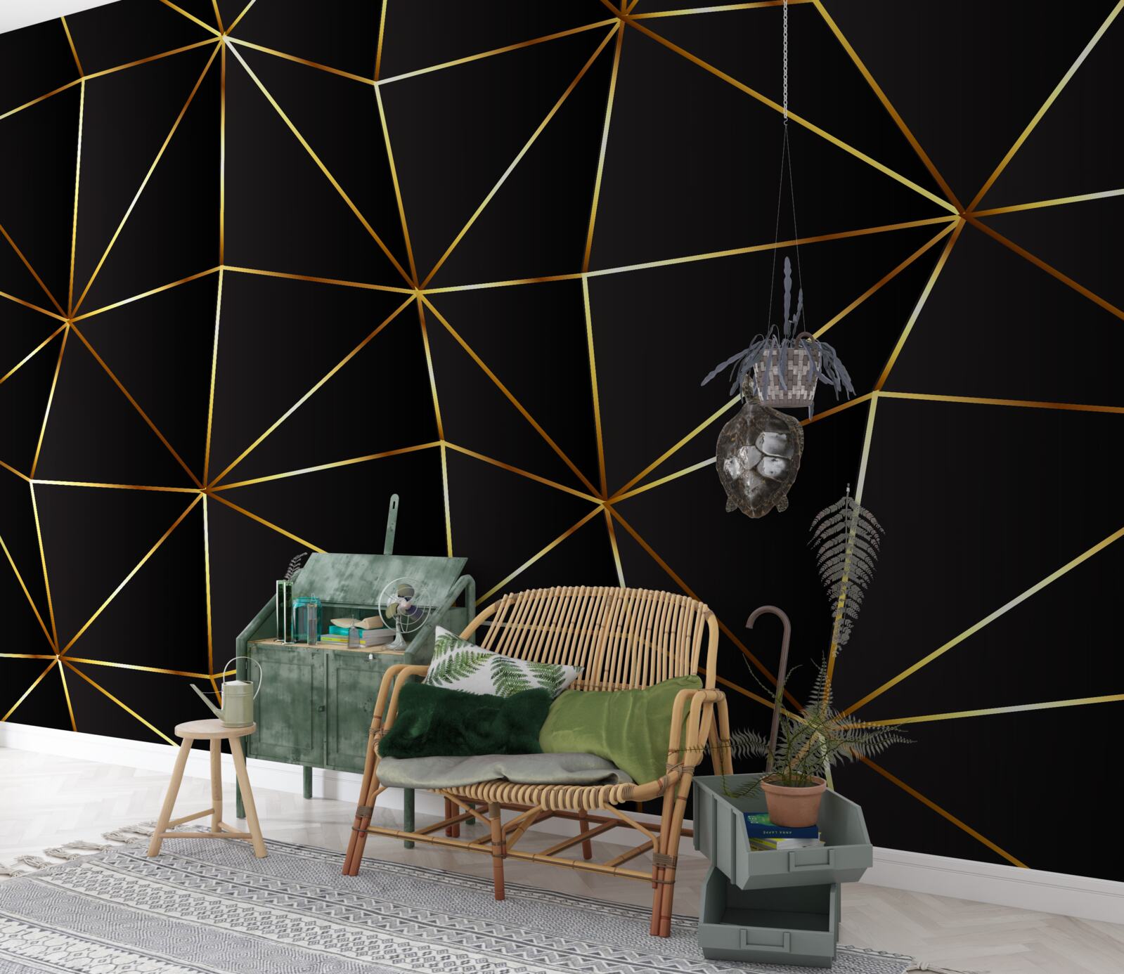 Papier peint éléments en or sur fond de triangle noir