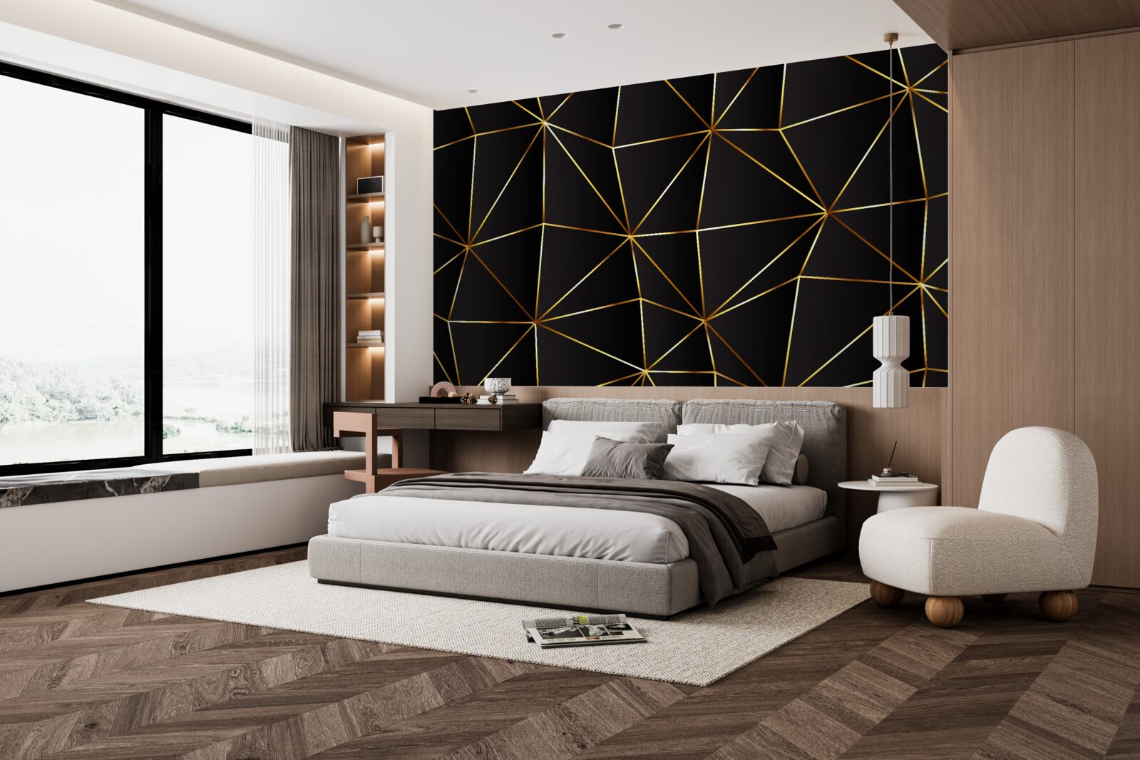 Papier peint éléments en or sur fond de triangle noir