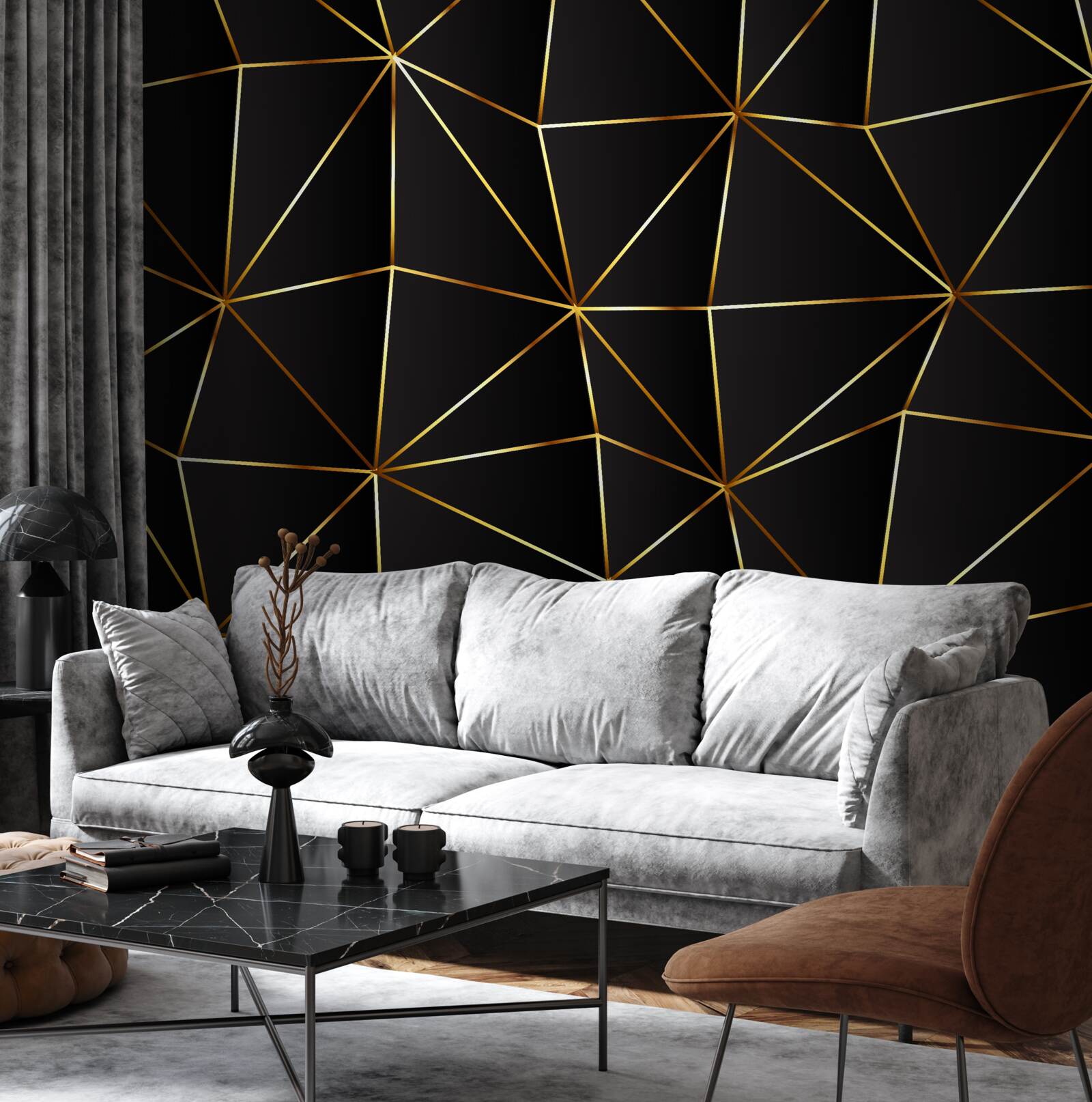 Papier peint éléments en or sur fond de triangle noir