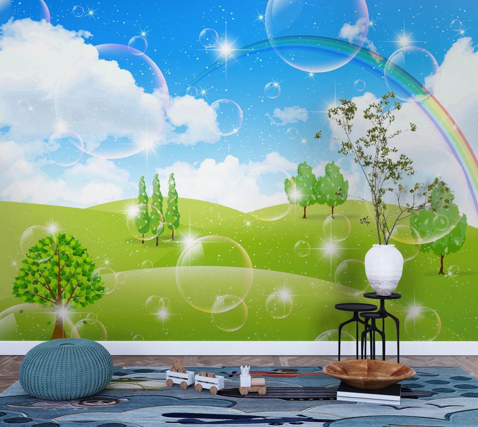 Papier peint champs d'été avec arbres verts