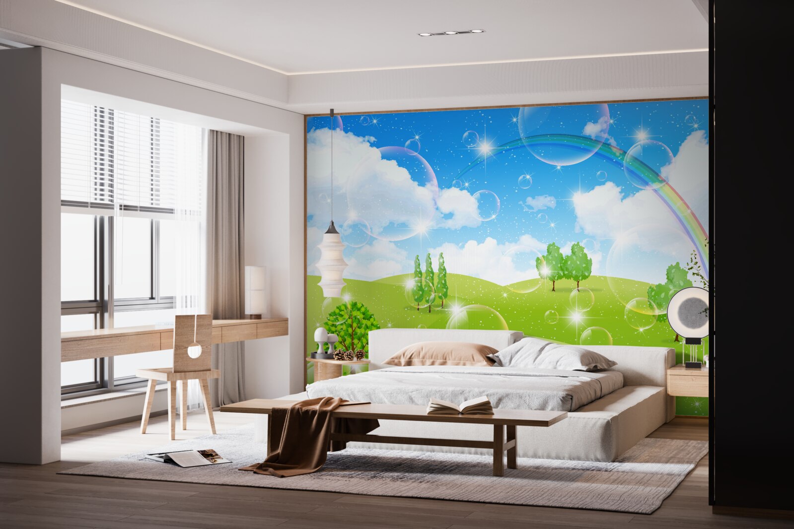 Papier peint champs d'été avec arbres verts