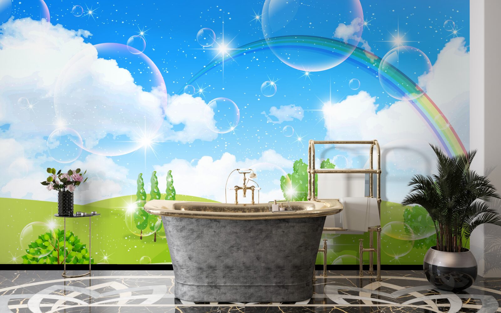 Papier peint champs d'été avec arbres verts