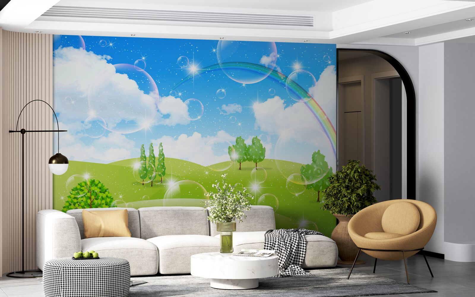 Papier peint champs d'été avec arbres verts