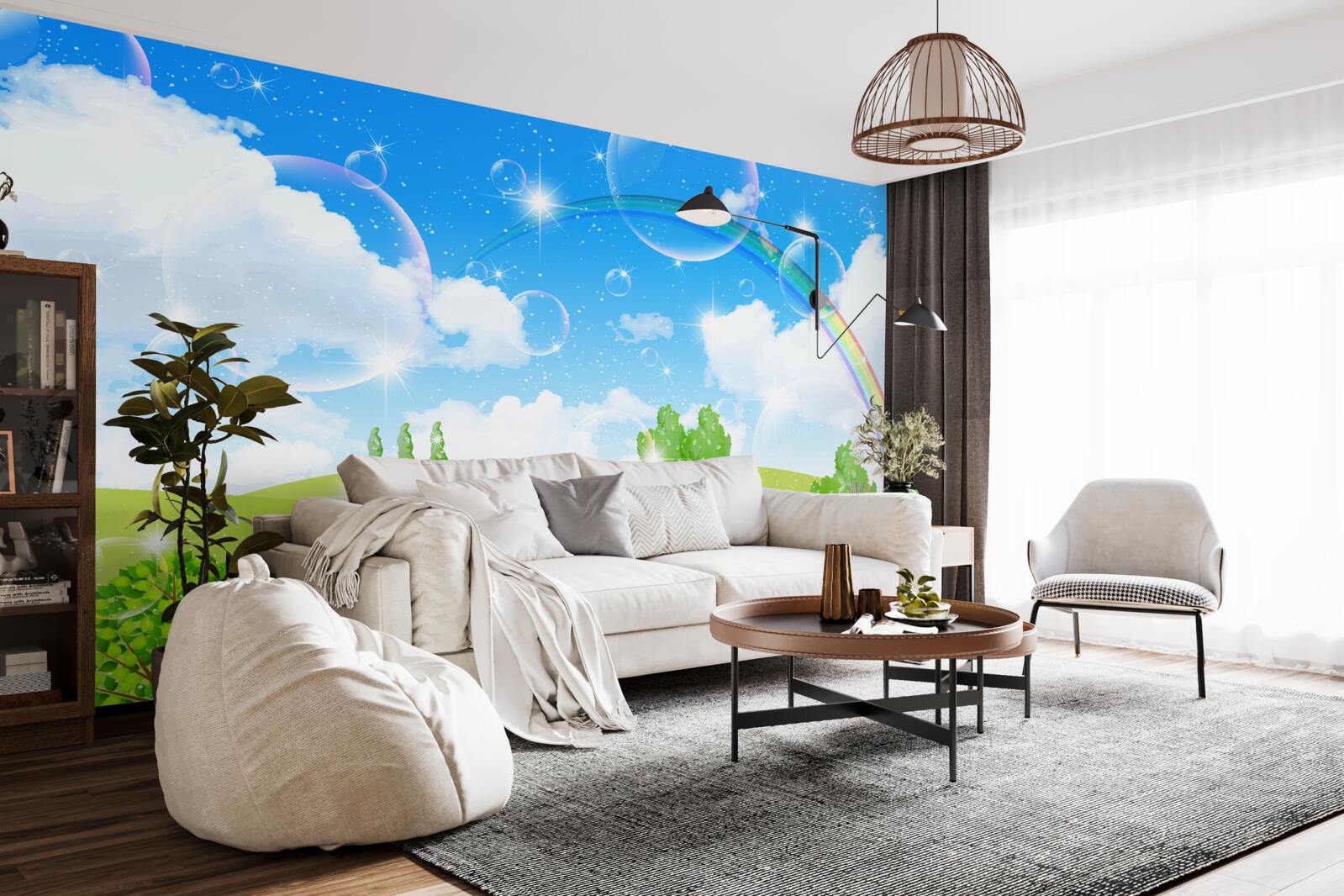 Papier peint champs d'été avec arbres verts