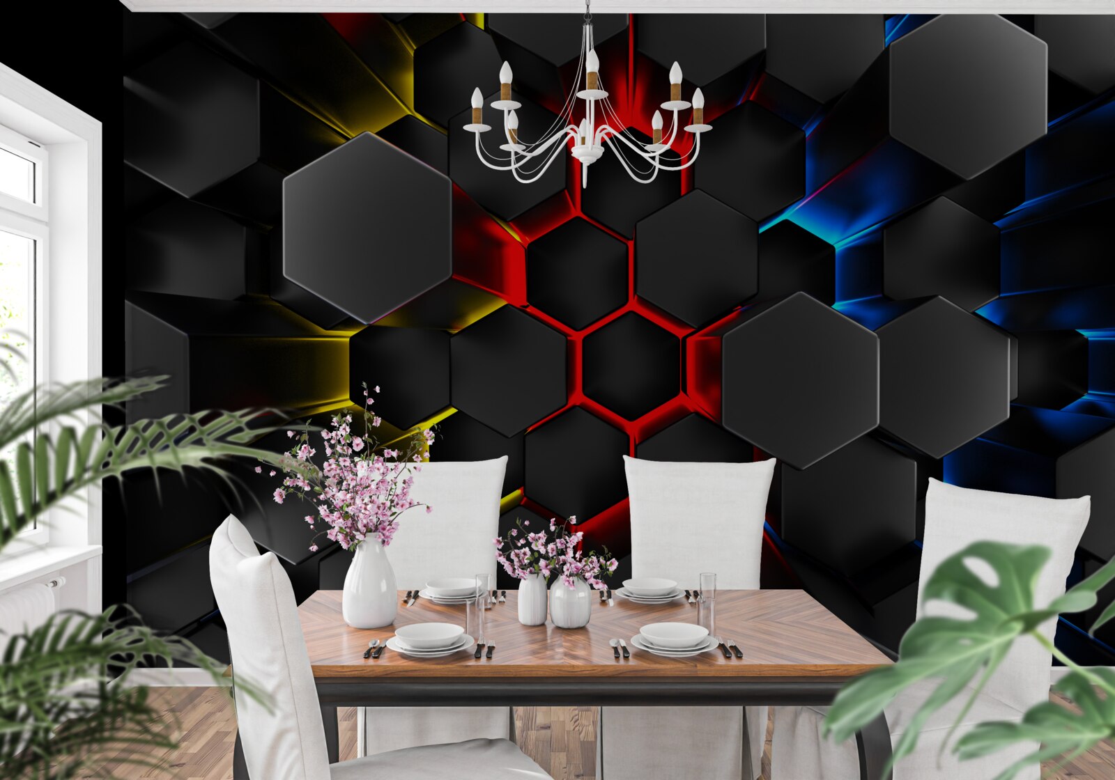 Papier peint figures noires à la lumière de lampes multicolores