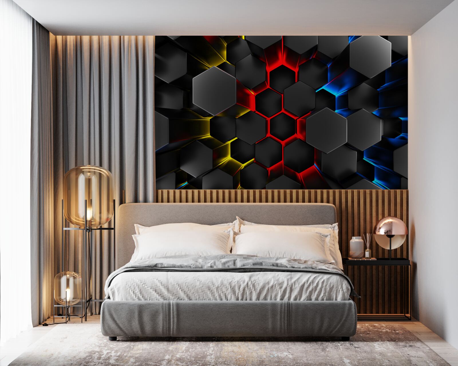 Papier peint figures noires à la lumière de lampes multicolores