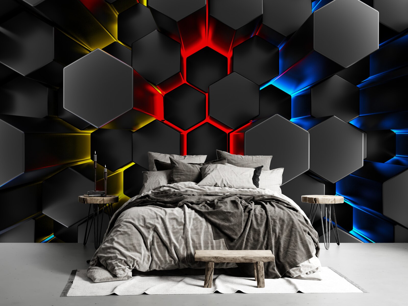 Papier peint figures noires à la lumière de lampes multicolores