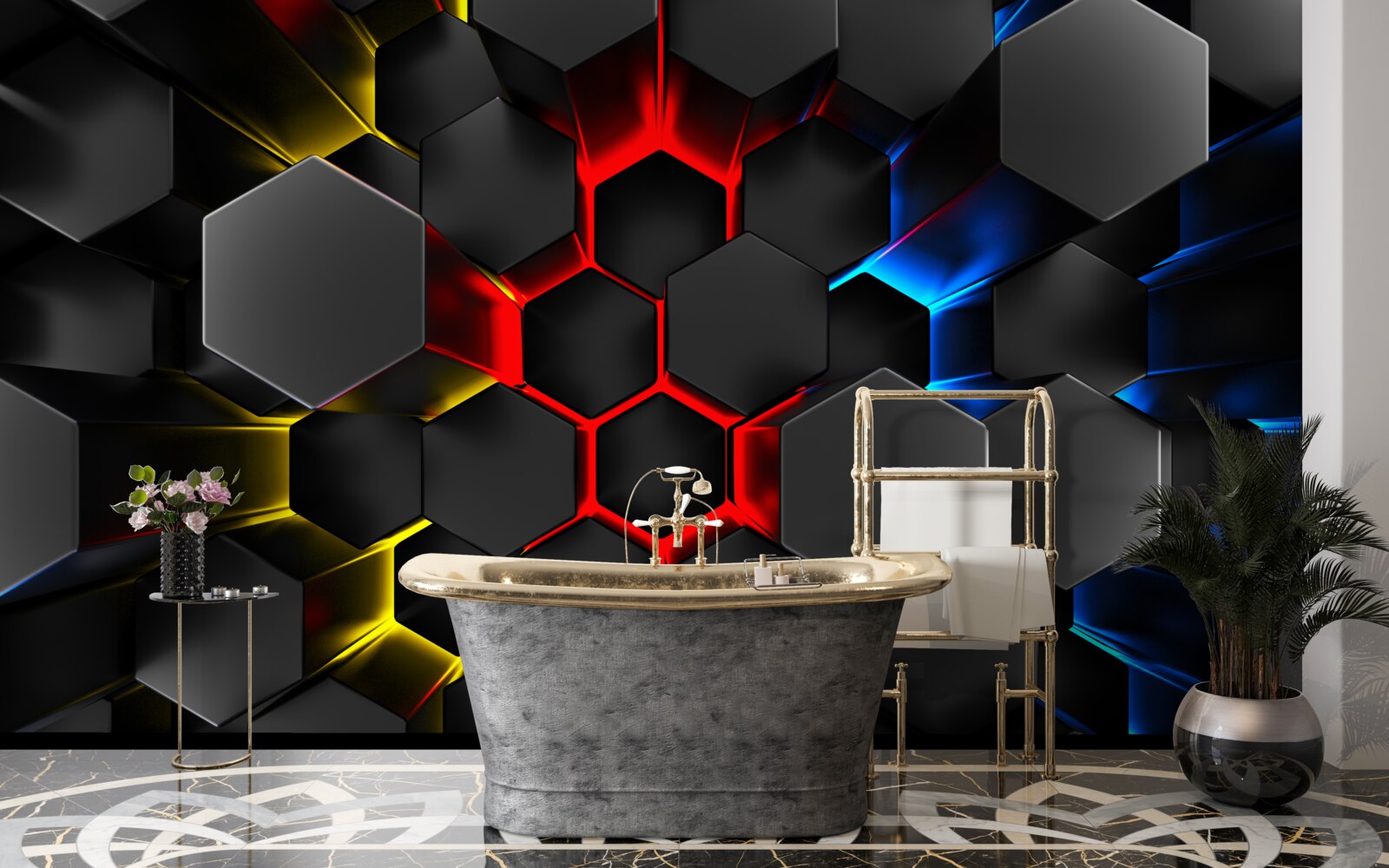 Papier peint figures noires à la lumière de lampes multicolores