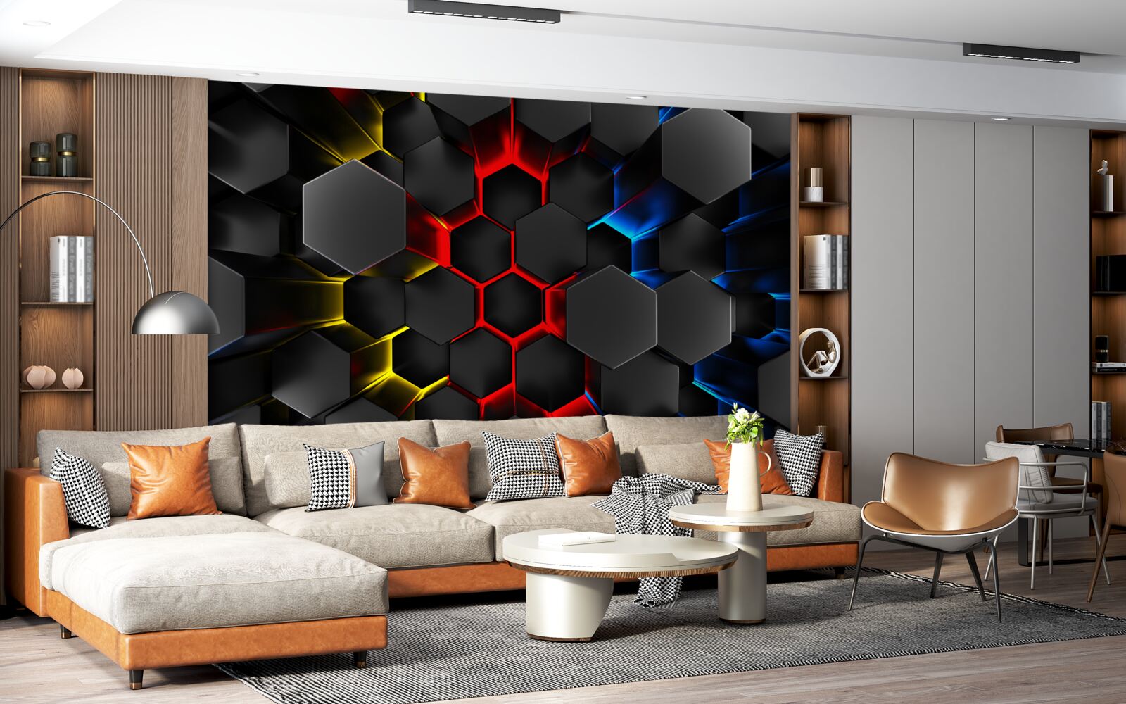 Papier peint figures noires à la lumière de lampes multicolores