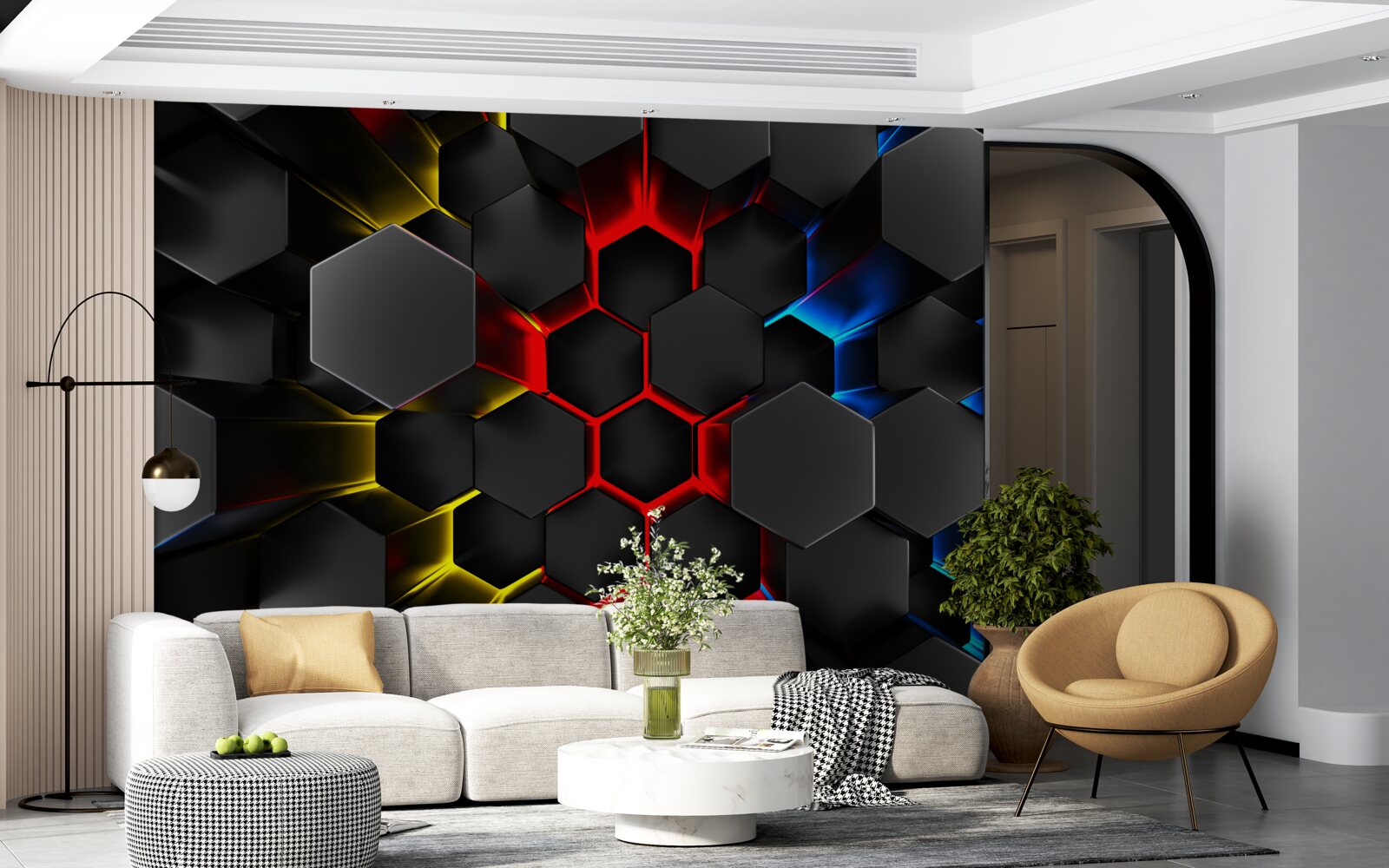 Papier peint figures noires à la lumière de lampes multicolores