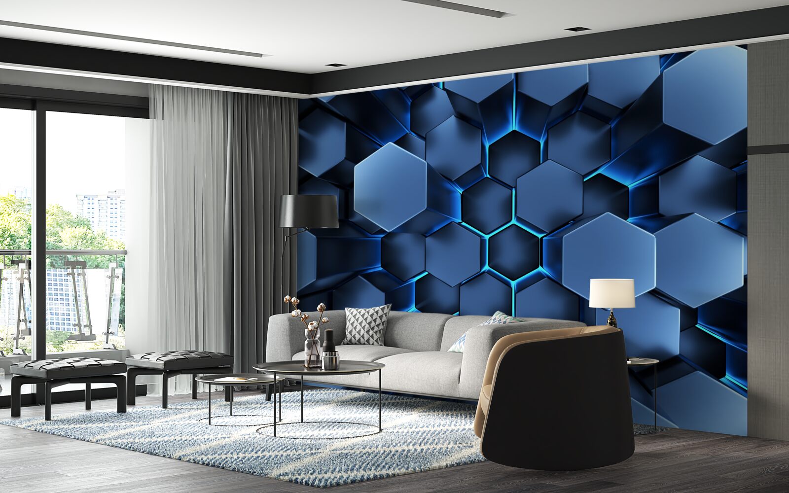 Papier peint les pentagones bleus sont volumétriques