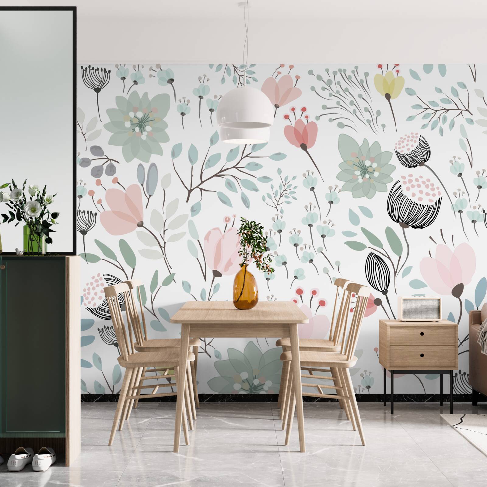 Papier peint des fleurs dans les tons de rose et de vert