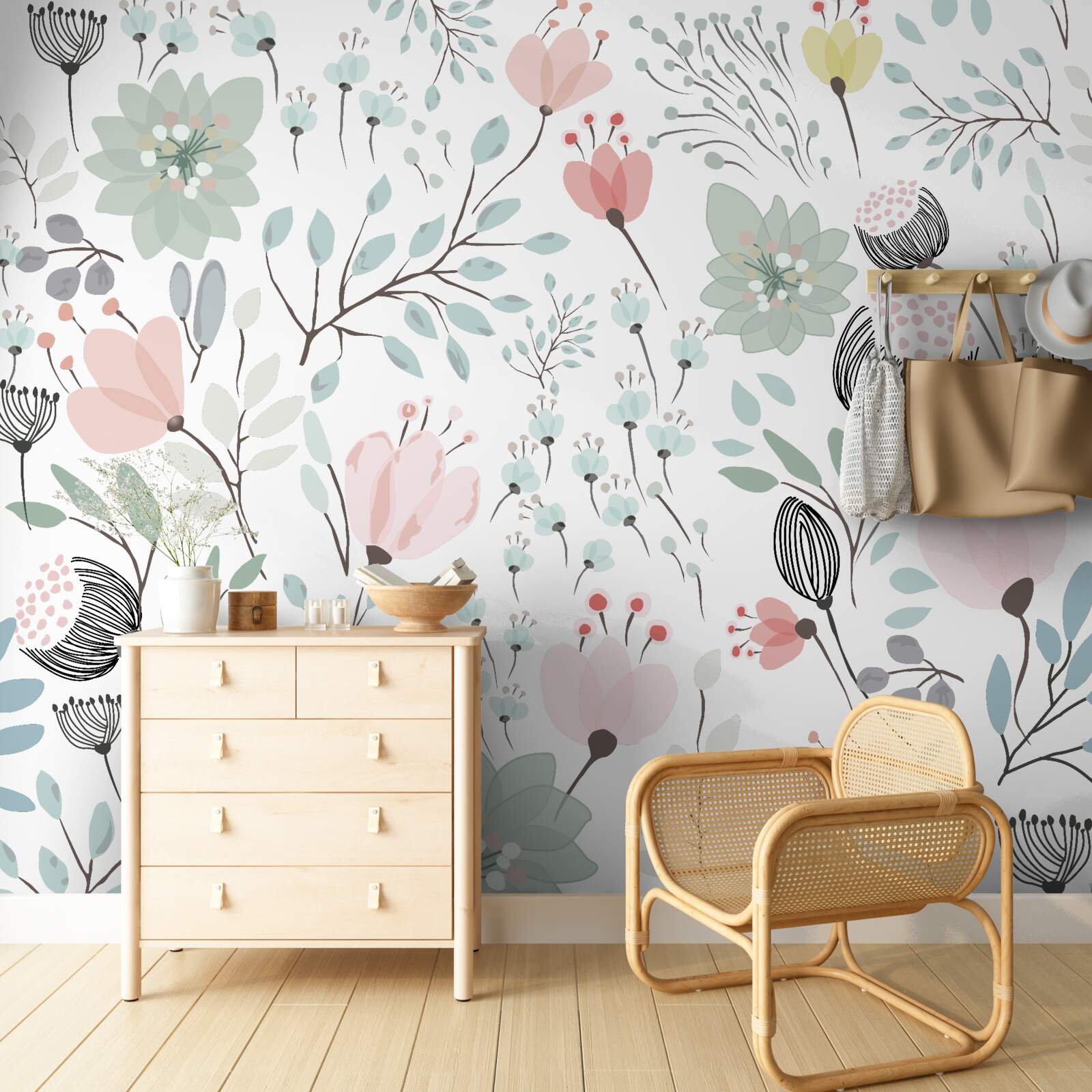 Papier peint des fleurs dans les tons de rose et de vert