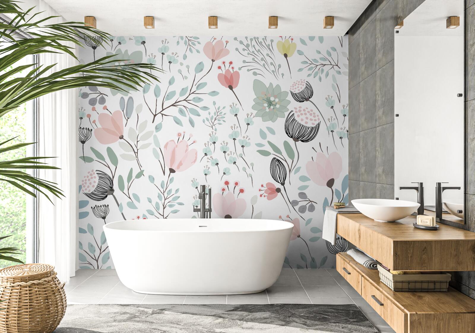 Papier peint des fleurs dans les tons de rose et de vert