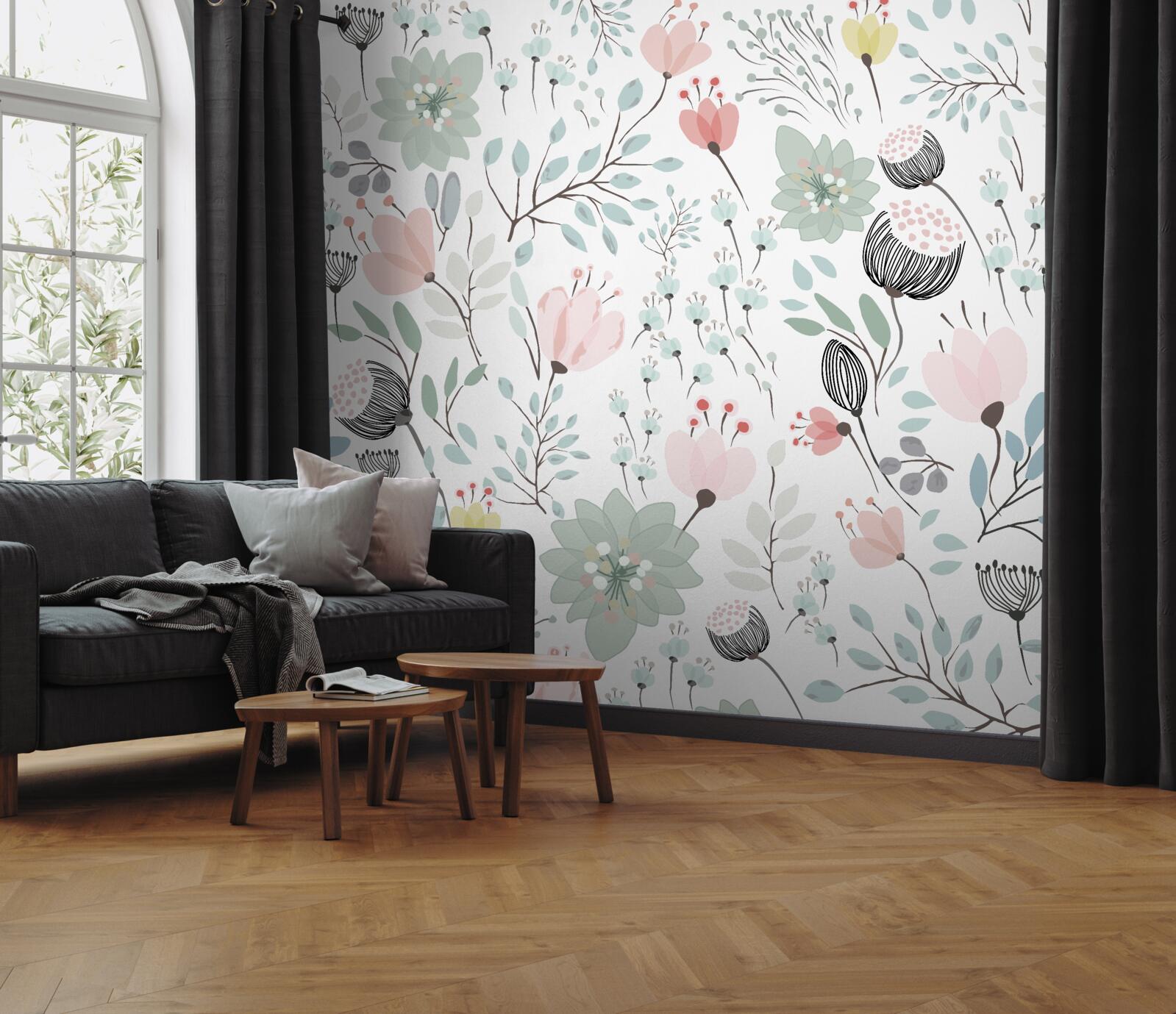 Papier peint des fleurs dans les tons de rose et de vert