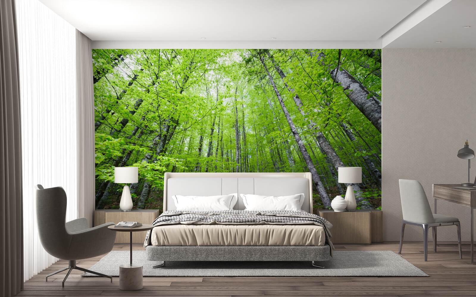 Papier peint les couronnes vertes des arbres de la forêt brillent de mille feux