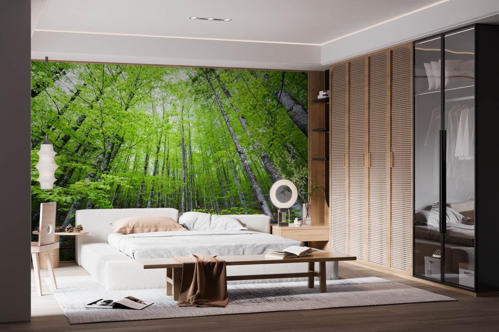 Papier peint les couronnes vertes des arbres de la forêt brillent de mille feux