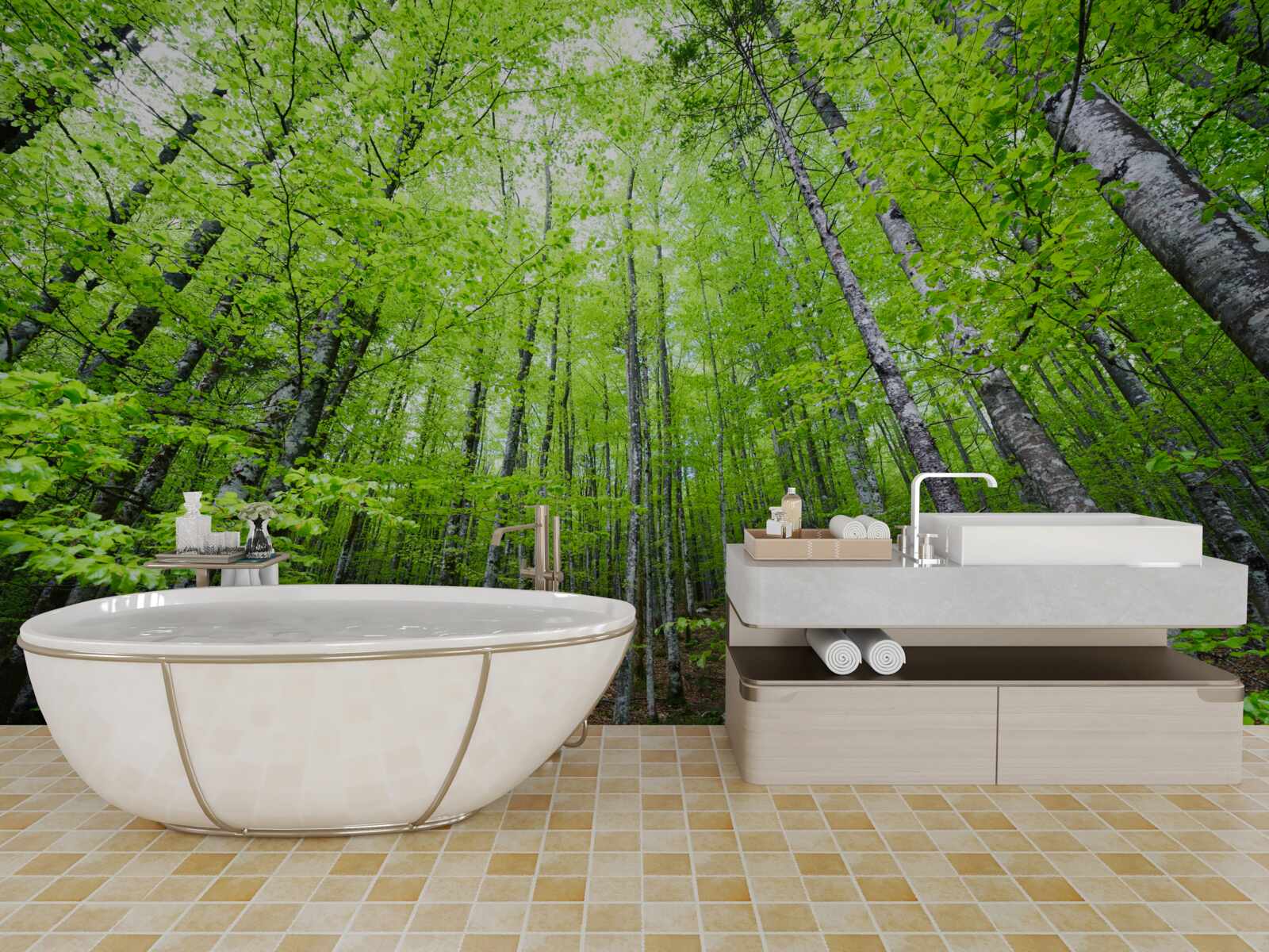 Papier peint les couronnes vertes des arbres de la forêt brillent de mille feux