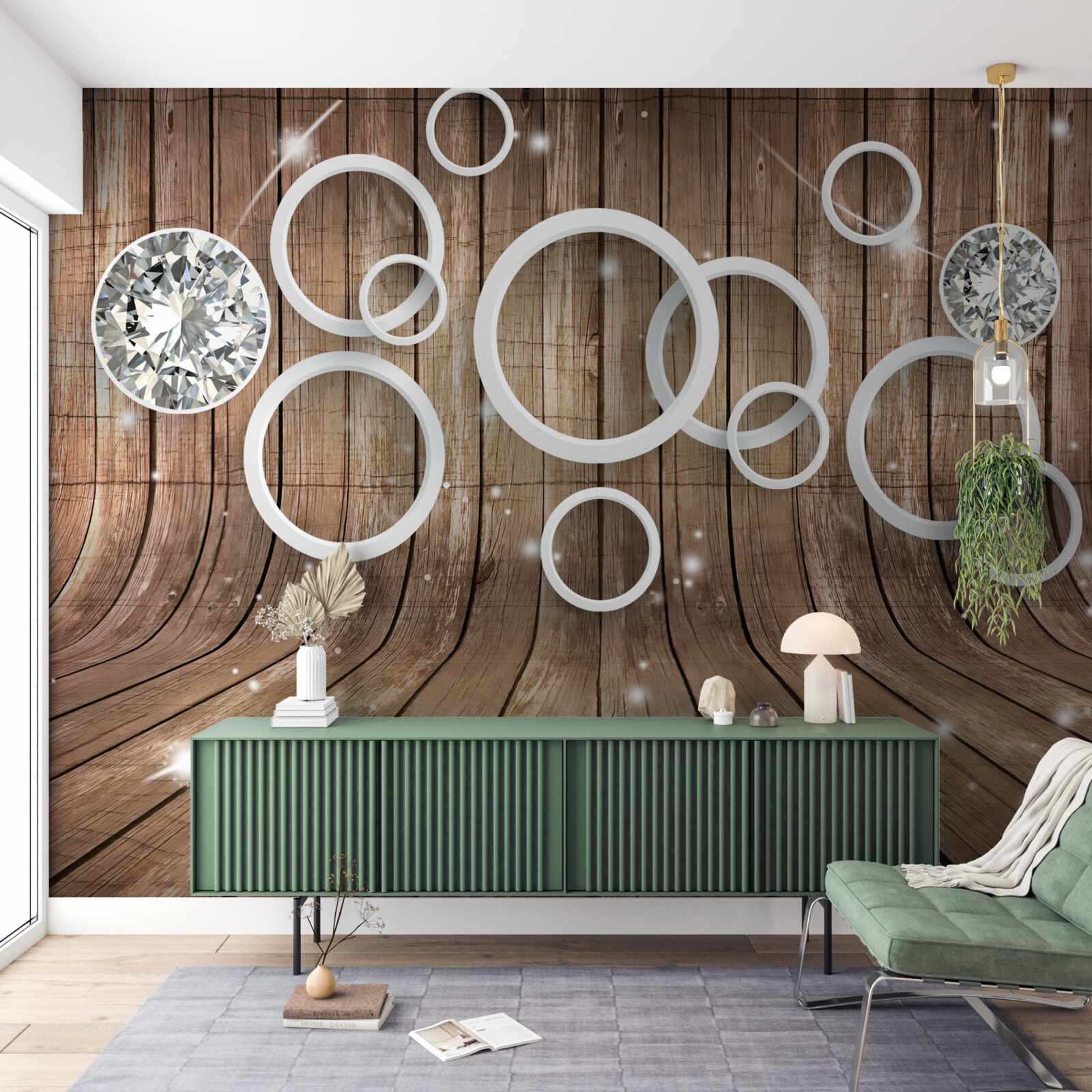 Papier peint texture du bois et cercles blancs